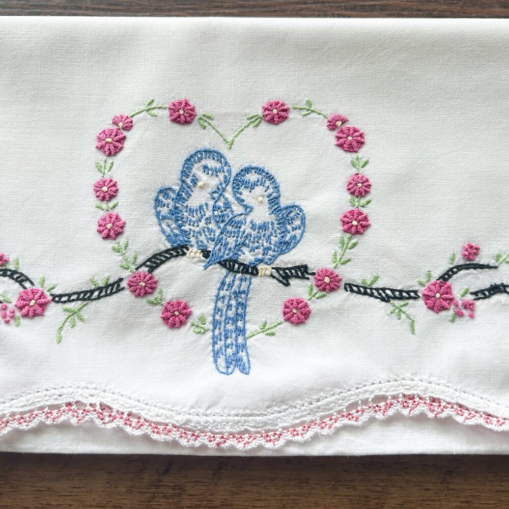 Lovebird Crochet Pillow Case Embroidered Pillow Case Vintage Pillow Case